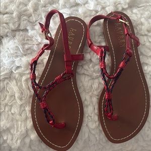 Ralph Lauren Red and Black T-Strap Sandals - Size 7.5